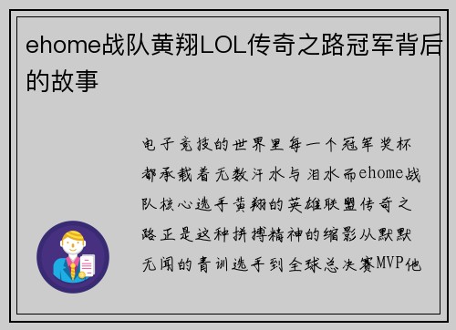 ehome战队黄翔LOL传奇之路冠军背后的故事
