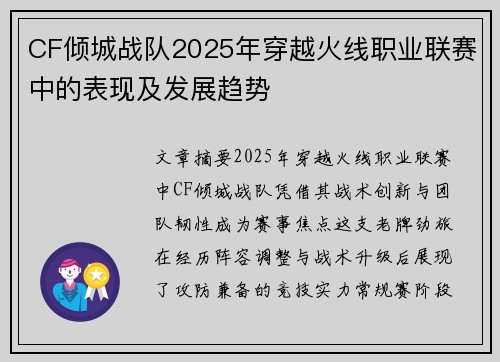 CF倾城战队2025年穿越火线职业联赛中的表现及发展趋势